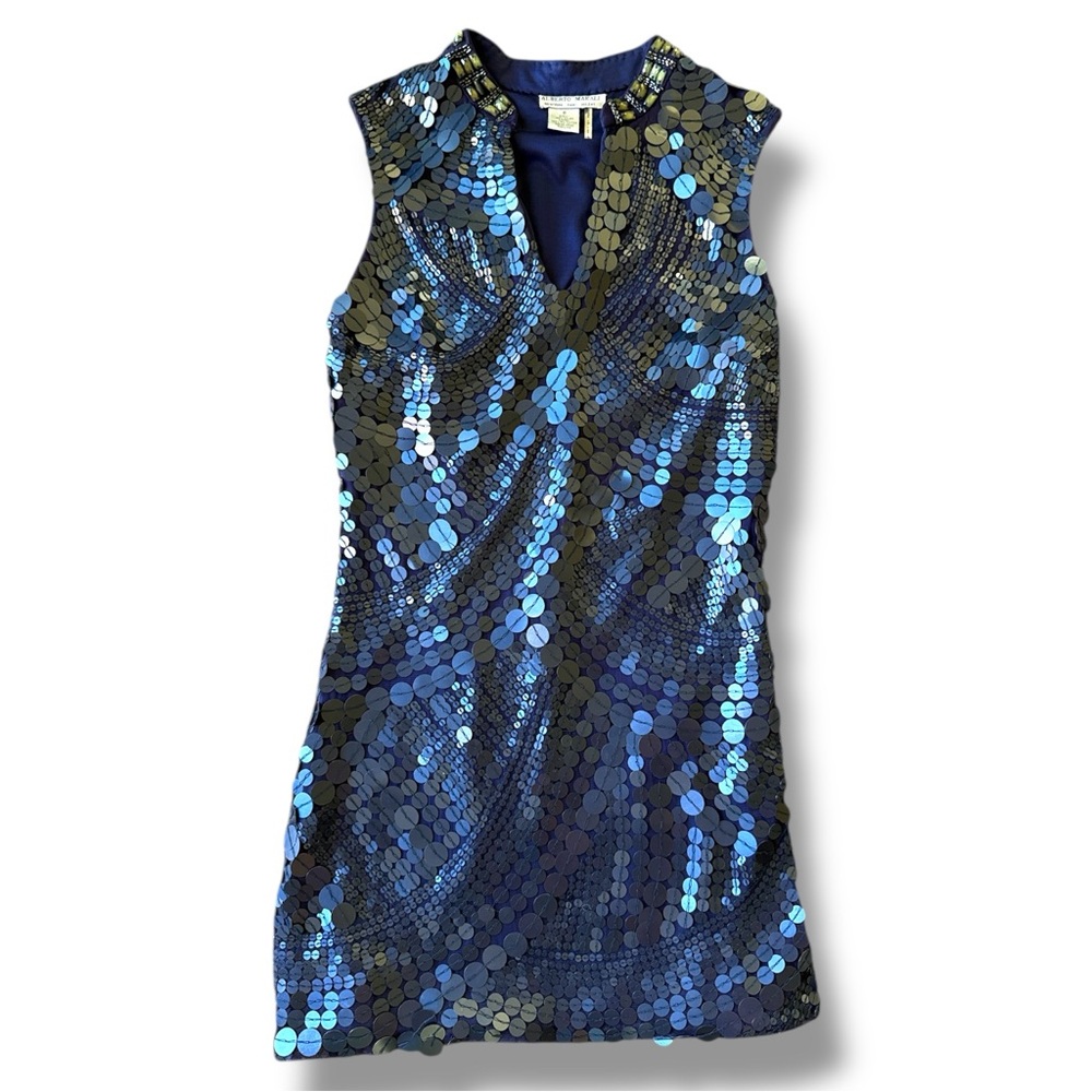 Alberto Malaki Blue Art Deco Pattern Palette Sequined Sheath Dress Size 8 - Picture 7 of 13